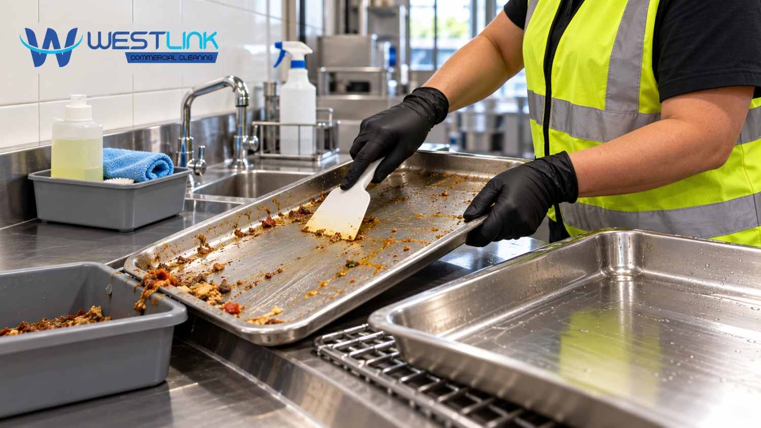 Professional cleaner wearing a yellow high-visibility vest scrapes food residue from a stainless-steel kitchen tray, with a clean tray and cleaning supplies nearby.