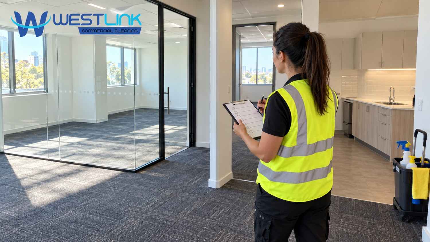 Westlink commercial cleaning professional wearing a yellow safety vest and reviewing an end-of-lease cleaning checklist between an empty office meeting room and kitchenette.