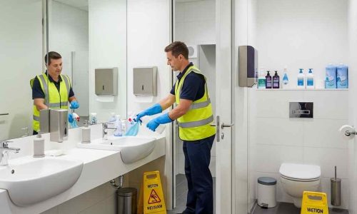 Commercial Bathroom and Amenities Cleaning Commercial cleaner disinfecting sinks and bathroom surfaces in a modern workplace restroom while using professional cleaning equipment.