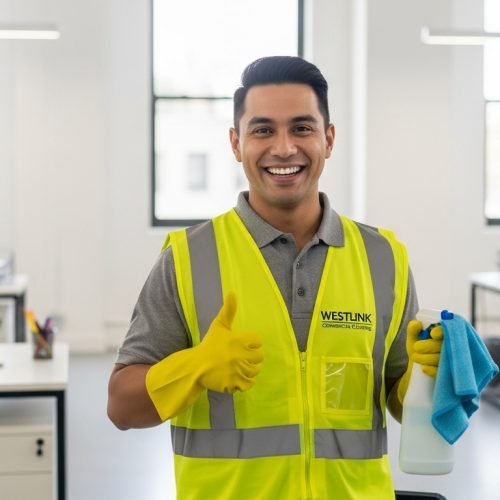 Westlink Commercial Cleaning expert smiling and giving a thumbs-up while cleaning an office in Sydney.