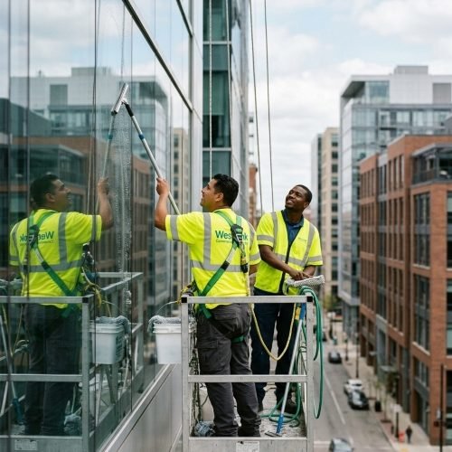 Westlink Commercial Cleaning staff cleaning external glass from an elevated platform on a city commercial building