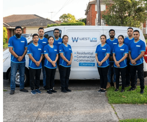Westlink Commercial Cleaning team in Sydney beside a branded company van, delivering ISO-certified office cleaning operations with ISO 9001, ISO 14001 and ISO 45001 standards.