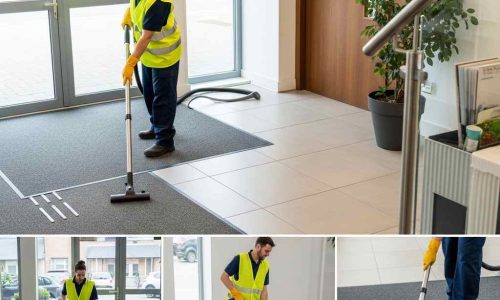 Floors and Entryways Cleaning Services Cleaner maintaining clean office floors and entryways in a high-traffic workplace