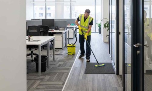 General Office Areas Cleaning Services Cleaner maintaining clean floors and touchpoints in a modern office area