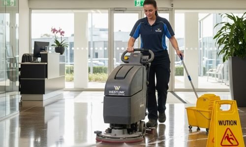 Professional of Westlink Commercial cleaning is cleaning office floor and entryway cleaning in Sydney. A professional of Westlink Commercial Cleaning is cleaning the office floor and entryway with professional equipment in Sydney.