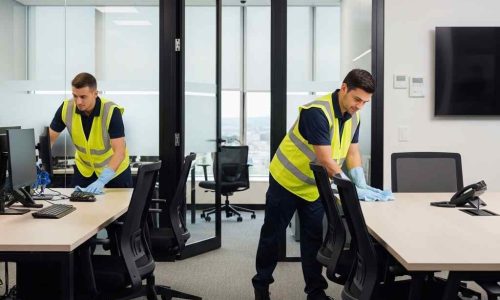 Workstations and Meeting Rooms Cleaning Services Cleaner wiping desks and meeting room surfaces in a modern office